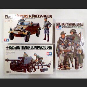 TAMIYA JAPAN WWII GERMAN VOLKSWAGEN JEEP ANTI-TANK GUN & FIGURE SETS 1/35 SCALE